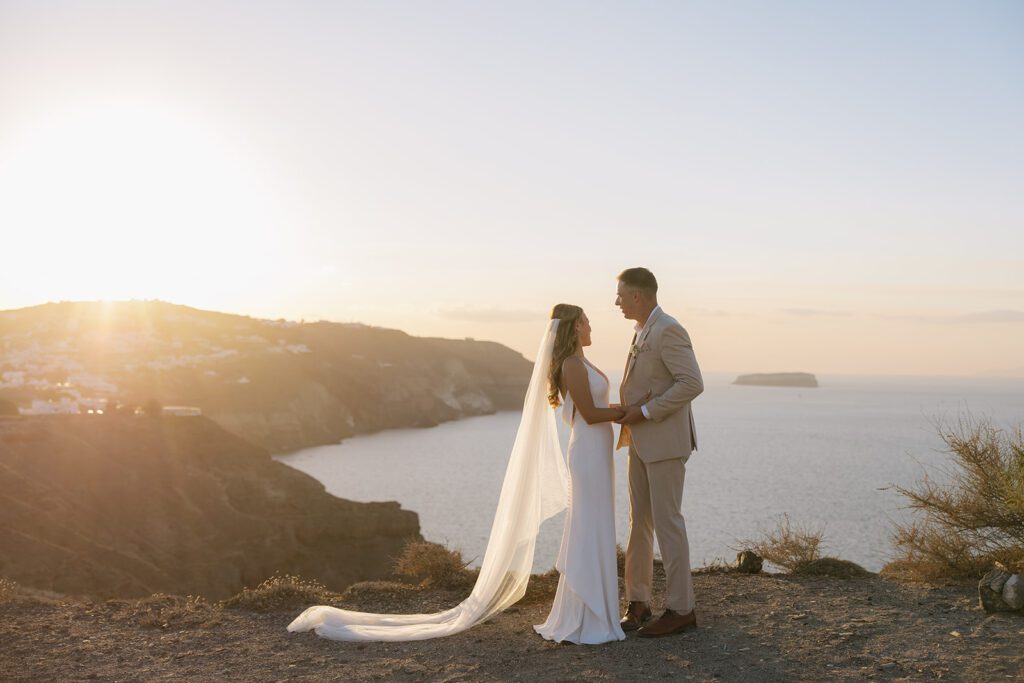 Sunset portraits during Intimate wedding in Santorini Greece