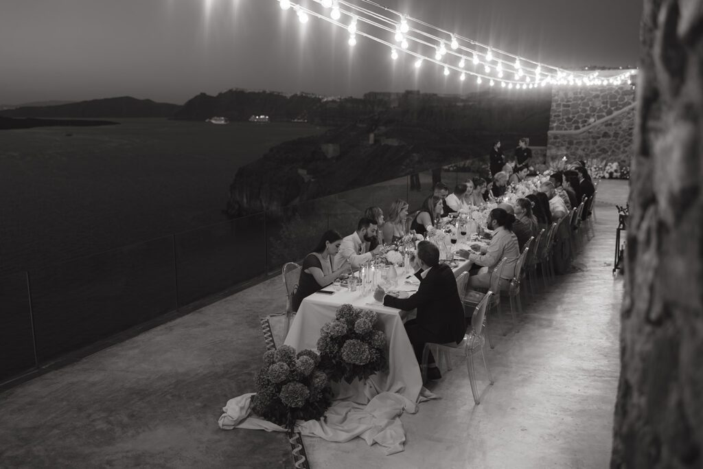 Intimate wedding in Santorini Greece dinnertime